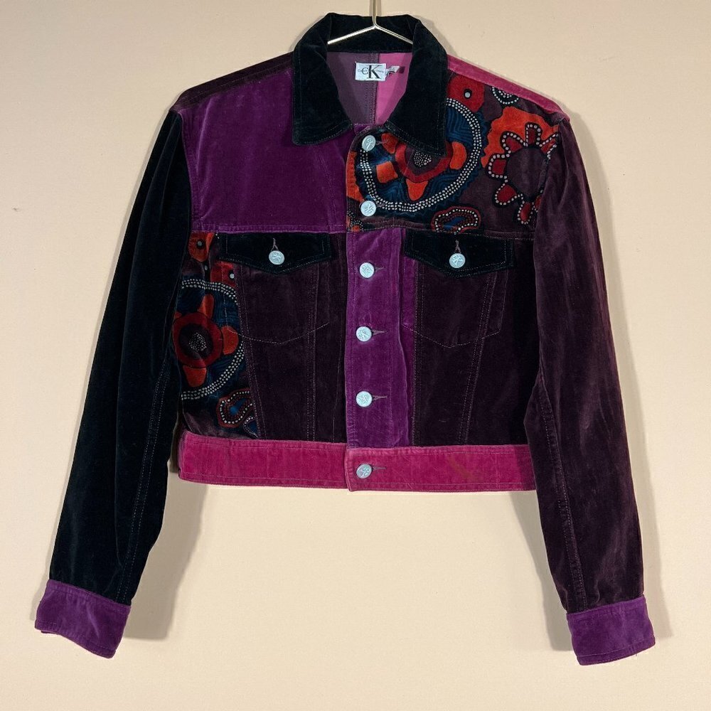 Calvin Klein Jeans VTG Velvet patch work Colorful Cropped Jacket